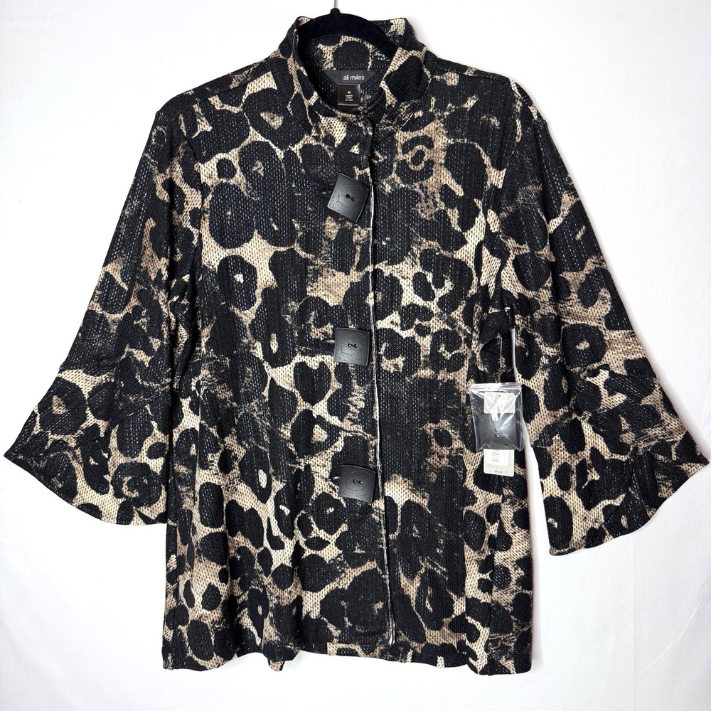 Ali Miles NEW Animal Leopard Print Button Textured Jacket  Sz M Lagenlook Artsy